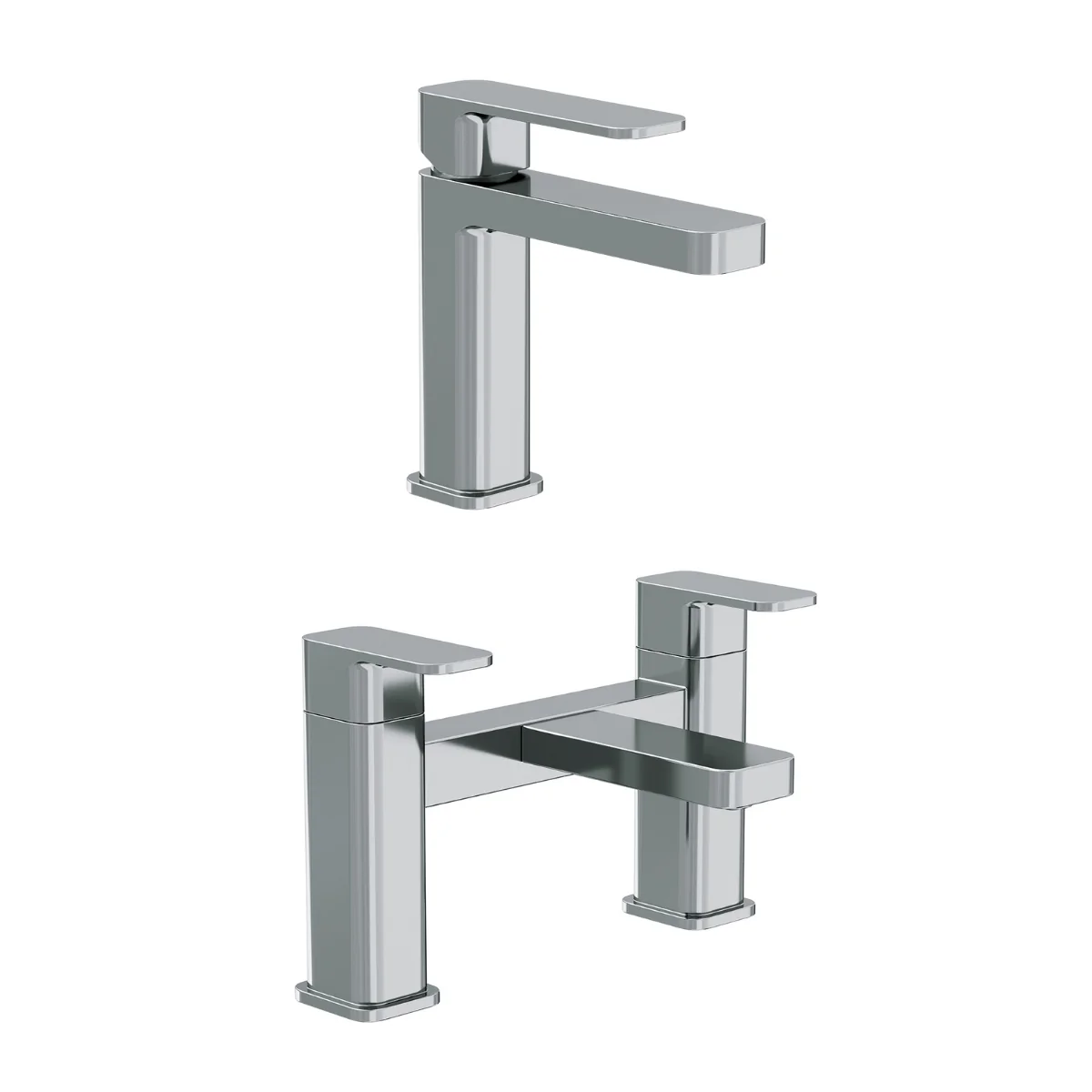 A set of two chrome bathroom taps: a basin mixer tap with a single lever handle and a bath filler tap with a pair of pillar taps.