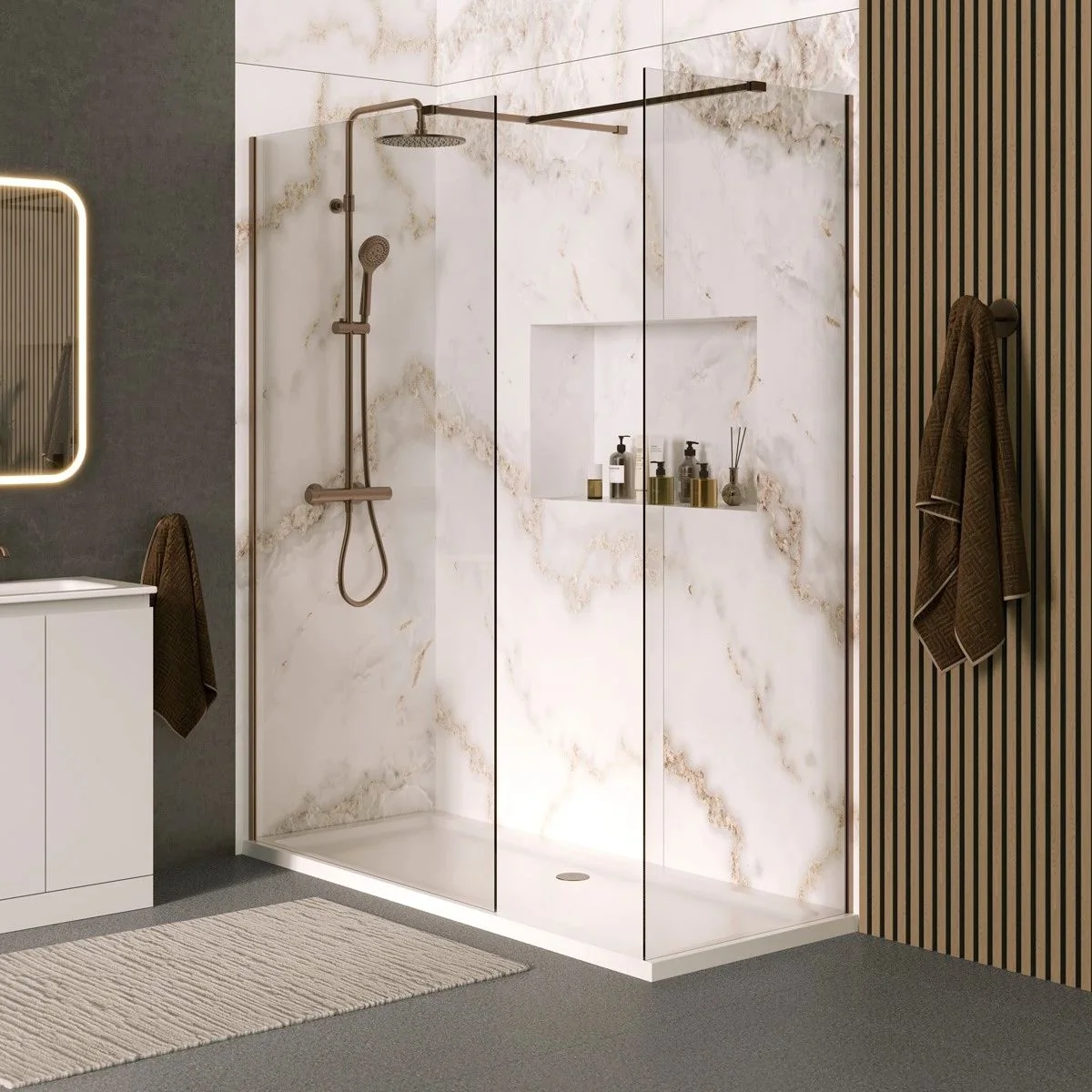 Coral 8mm Wet Room Clear Glass Shower Panel Brushed Bronze 400mm