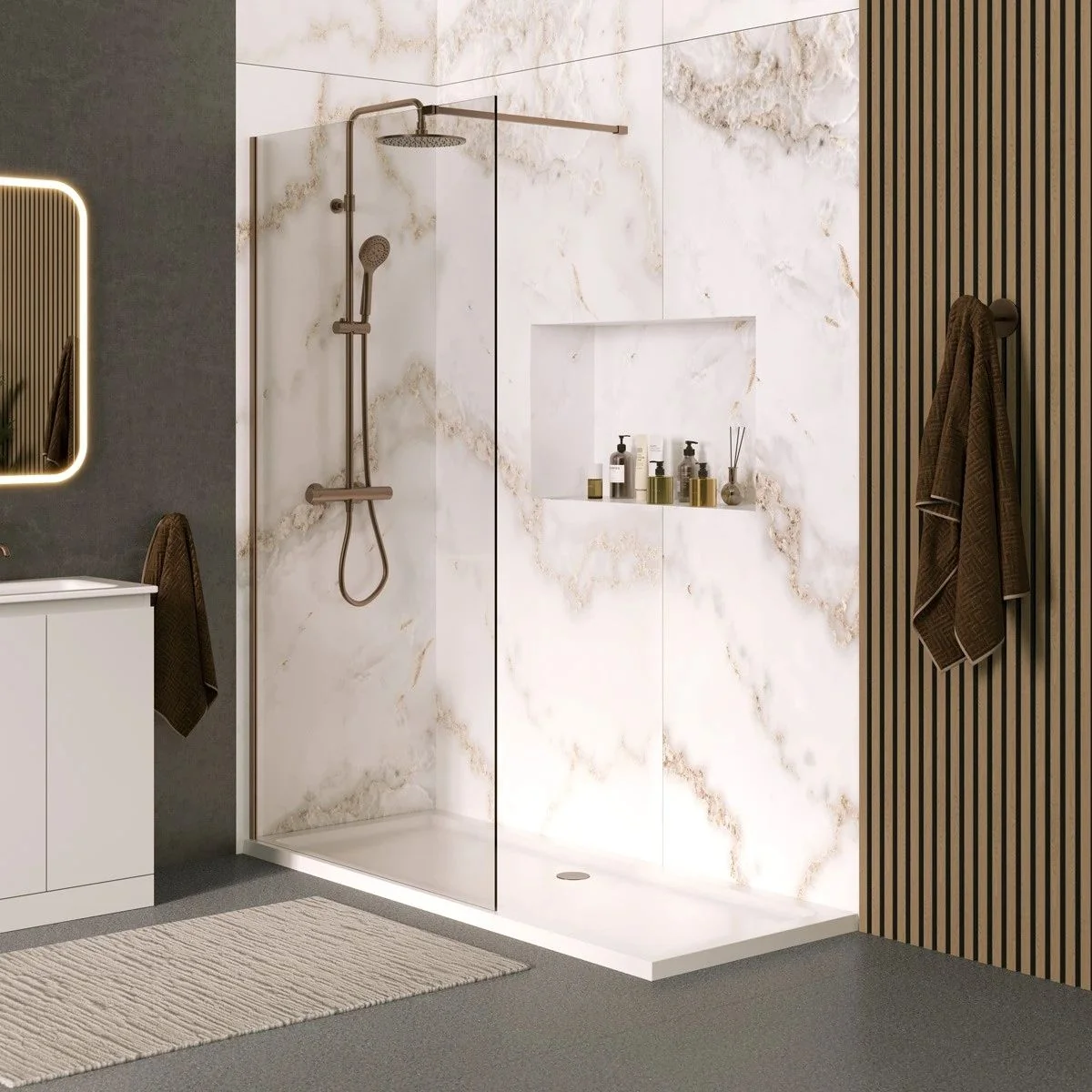 Coral 8mm Wet Room Clear Glass Shower Panel Brushed Bronze 400mm