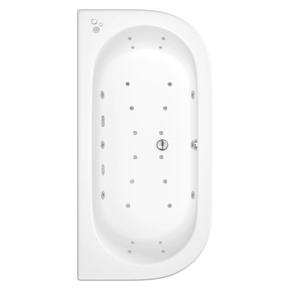 Trojan Curved D Shape 26 Jet Heated Air Spa & Whirlpool Bath 1700 x 800 with LED Light & Bath Waste
