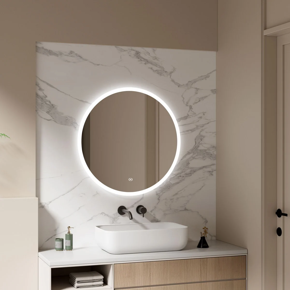 Celeste Ultra Slim Round LED Illuminated Mirror 600mm with 6500K light, demister, and sleek 30mm profile.