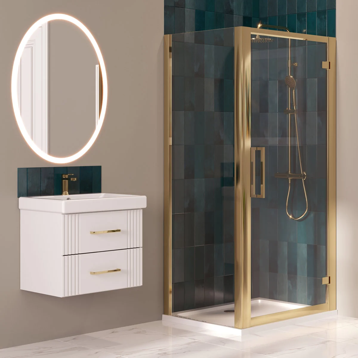 Coral 8mm Brushed Brass Hinged Shower Door with Side Panel 