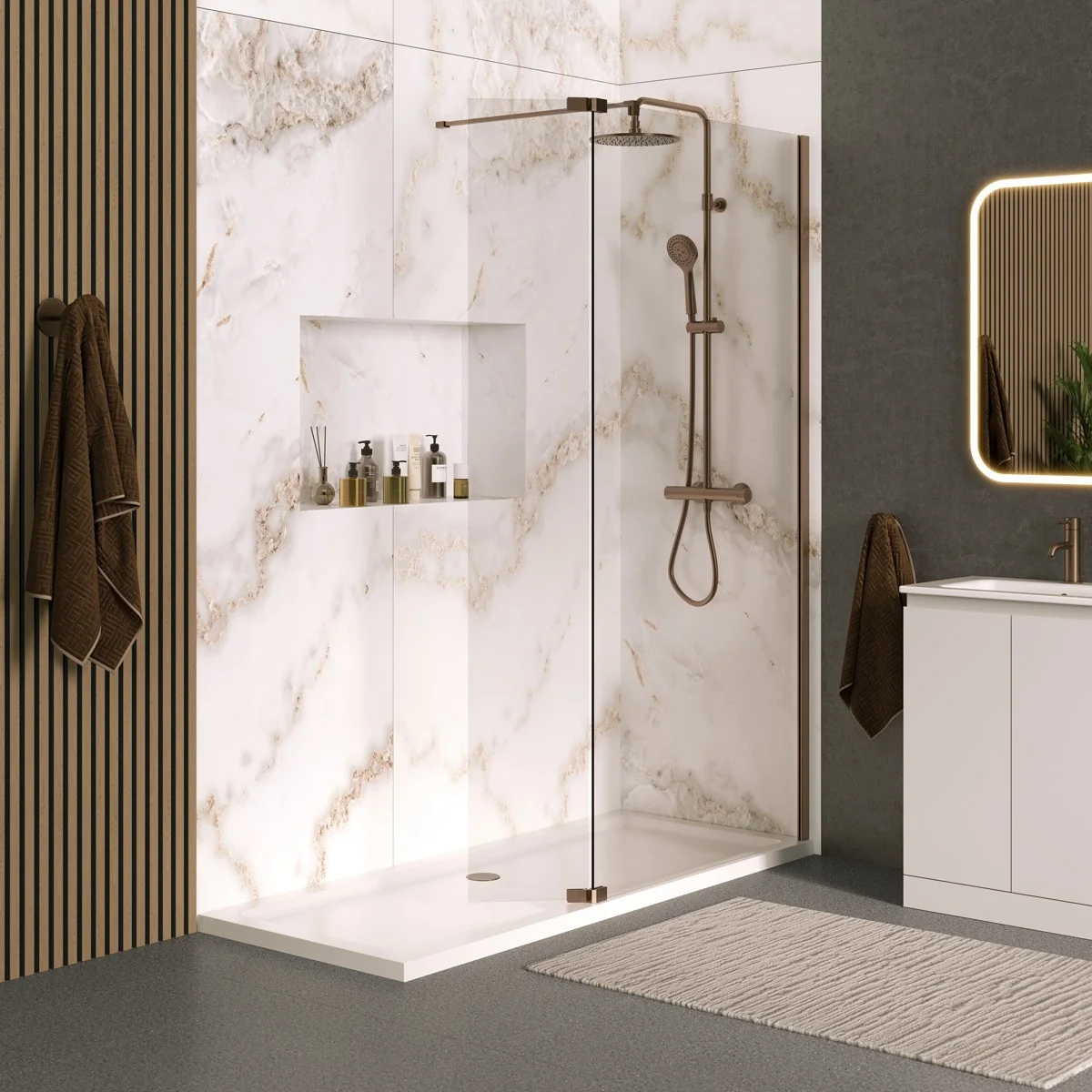 Coral 8mm Foldaway Clear Glass Deflector Panel Brushed Bronze Right Hand 300mm