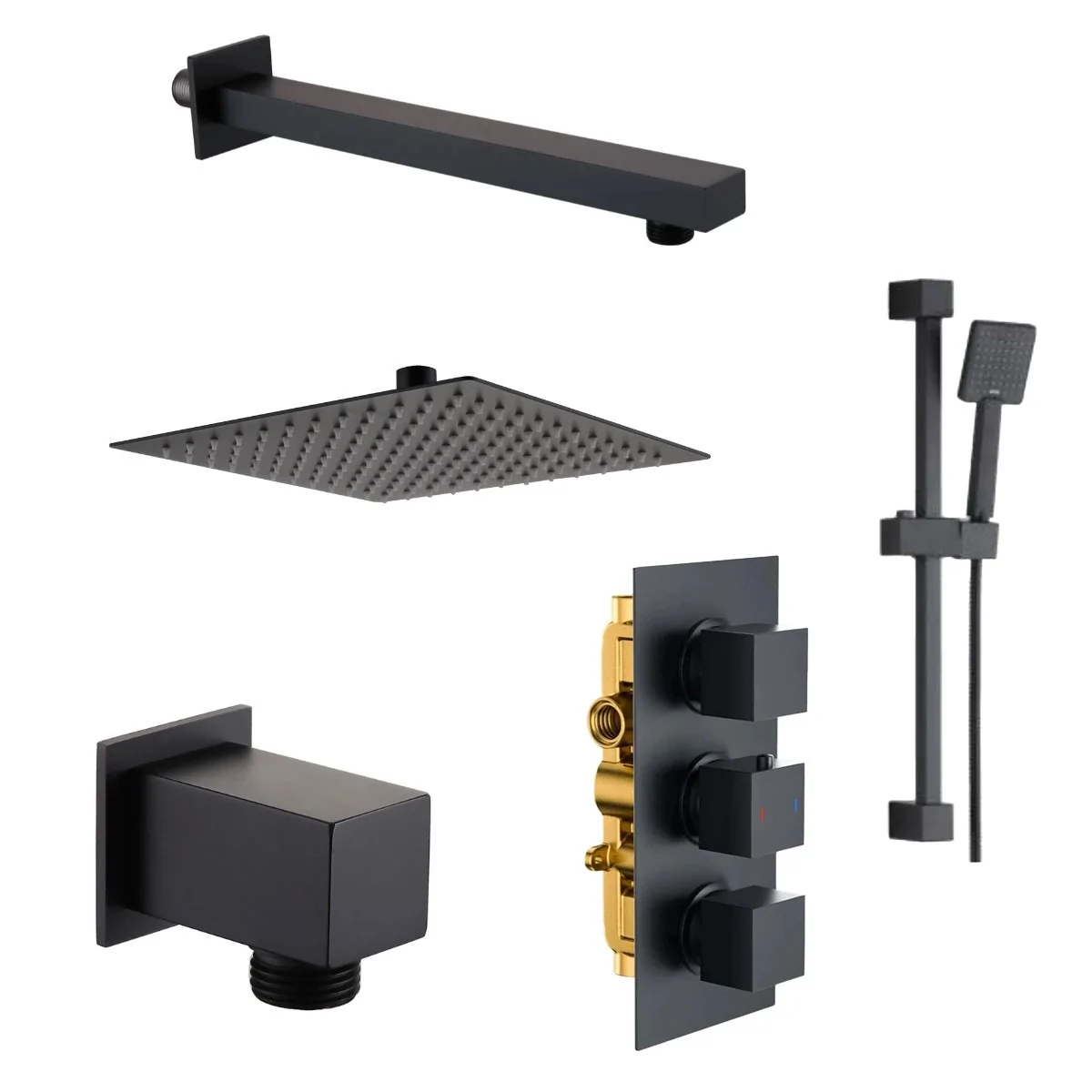 Cube Thermostatic Twin Outlet Triple Concealed Shower Valve System Matt Black