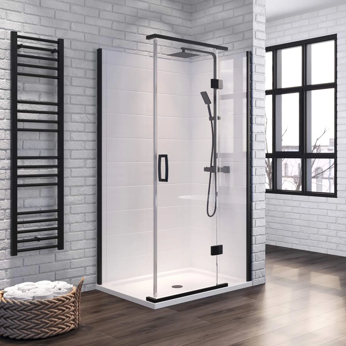  Dilusso 8mm Hinged Corner Door Matt Black 900mm Lifestyle
