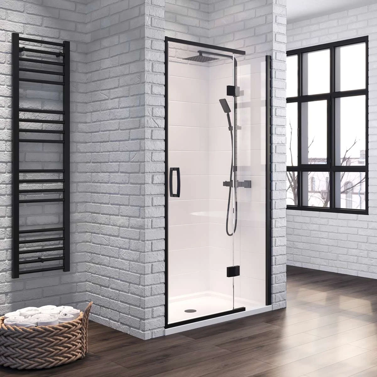 Matt black hinged shower door enclosure with clear glass and white shower tray in a modern industrial-style bathroom.