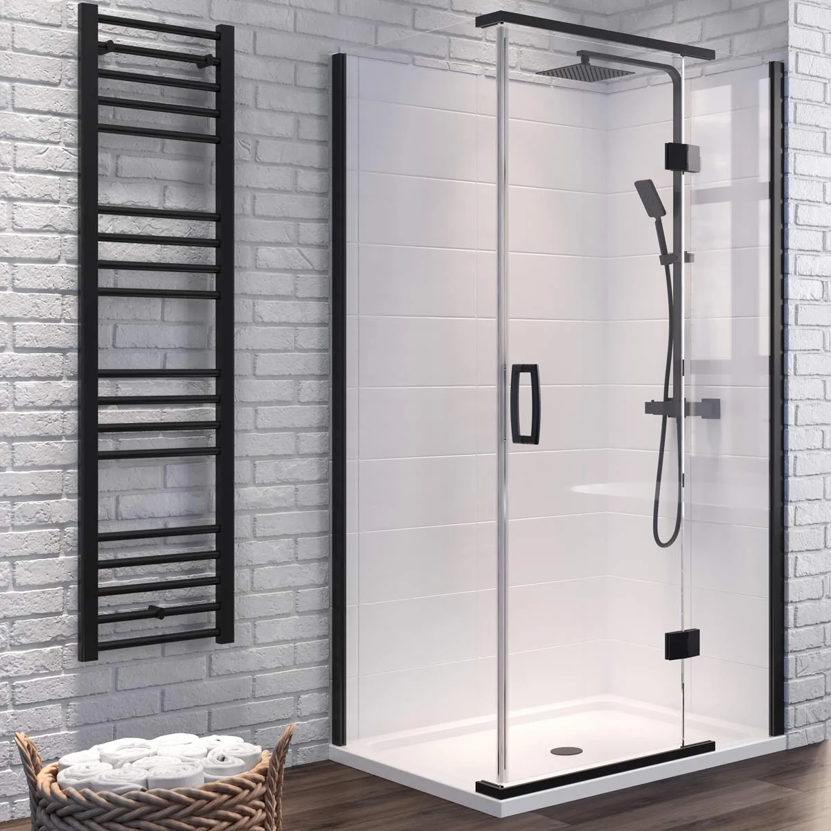 Dilusso 8mm Side Panel for Hinged Corner Door Matt Black 900mm Lifestyle