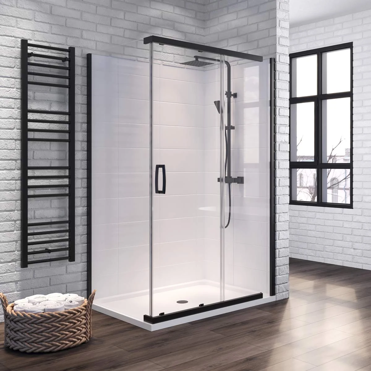 Matt black sliding corner shower enclosure with clear glass panels and white shower tray in a modern industrial-style bathroom.