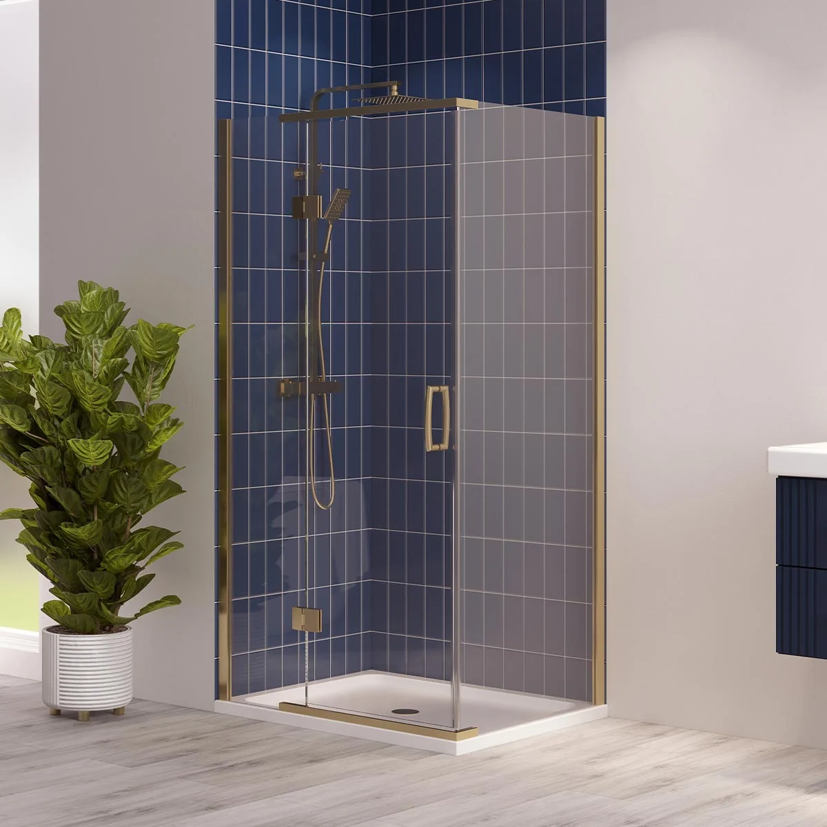 Dilusso 8mm Hinged Corner Door Brushed Brass 1200mm Lifestyle