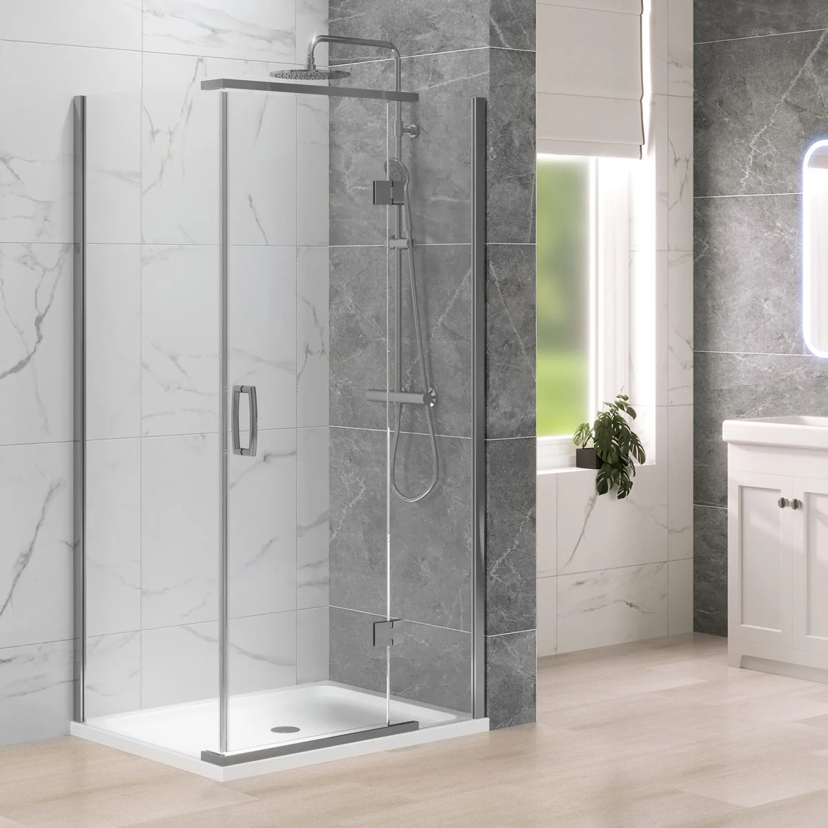 Dilusso 8mm Hinged Corner Door Polished Silver 800mm
