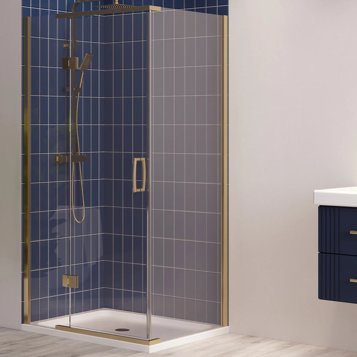 Dilusso 8mm Side Panel for Hinged Corner Door Brushed Brass 700mm Lifestyle