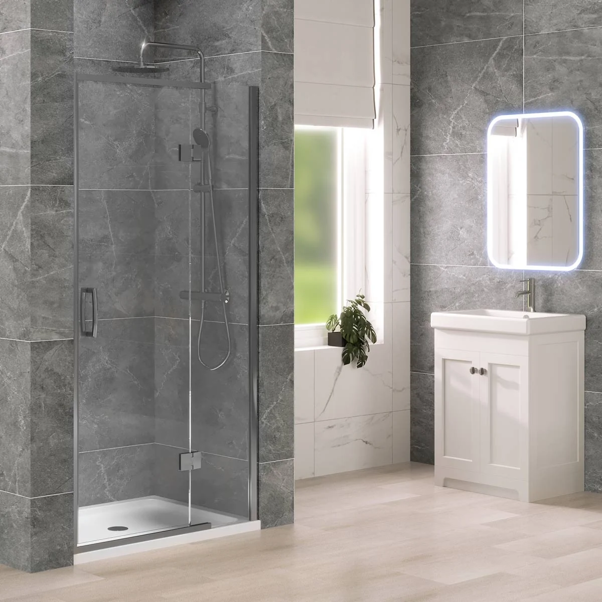 Chrome hinged shower door enclosure with clear glass and white shower tray in a modern bathroom with grey marble-effect wall tiles.
