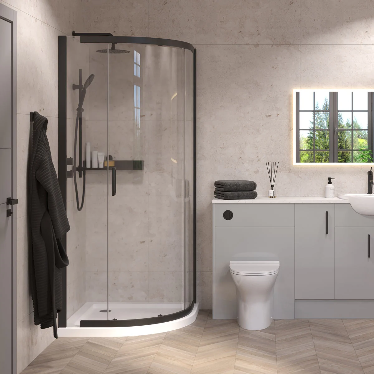 Matt black quadrant shower enclosure with sliding glass doors and white shower tray in a modern beige tiled bathroom.