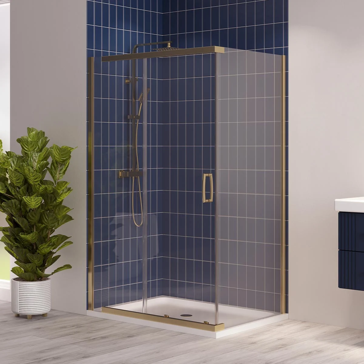 Dilusso 8mm Hinged Corner Door Brushed Brass 800mm Lifestyle