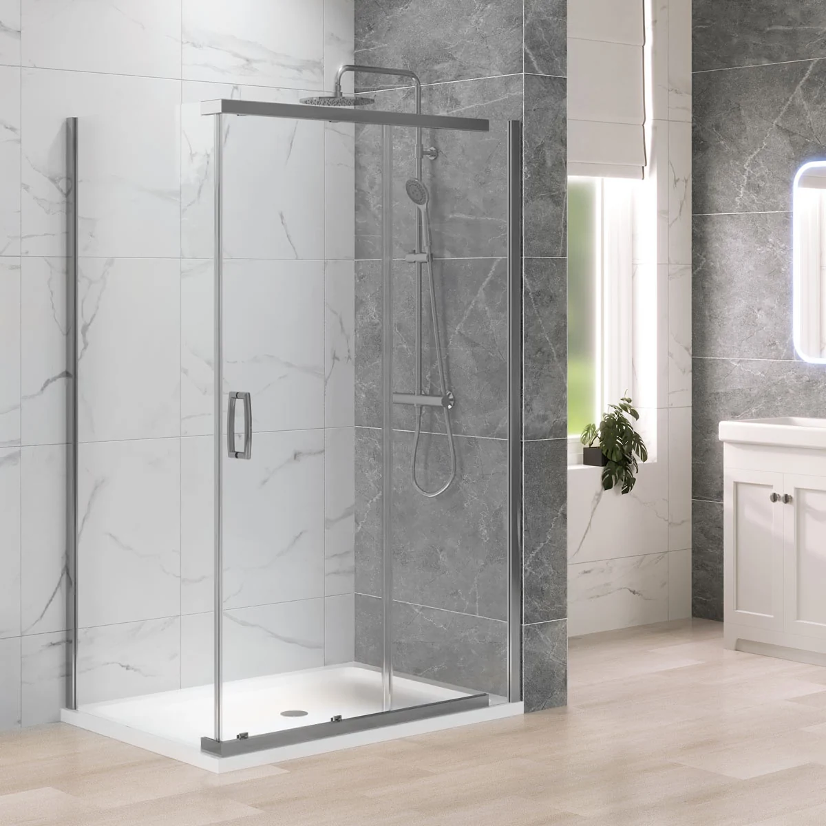 Chrome sliding corner shower enclosure with clear glass panels and white shower tray in a modern bathroom with grey marble-effect wall tiles.