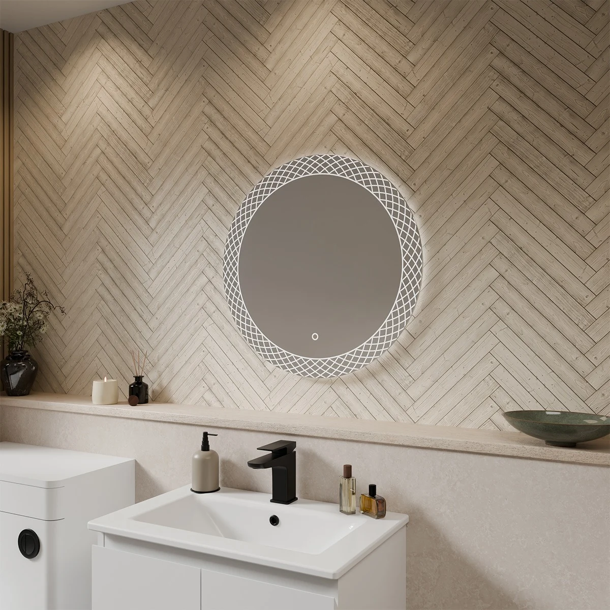 A large, round mirror with a white LED light frame that creates a geometric pattern around the edge.  