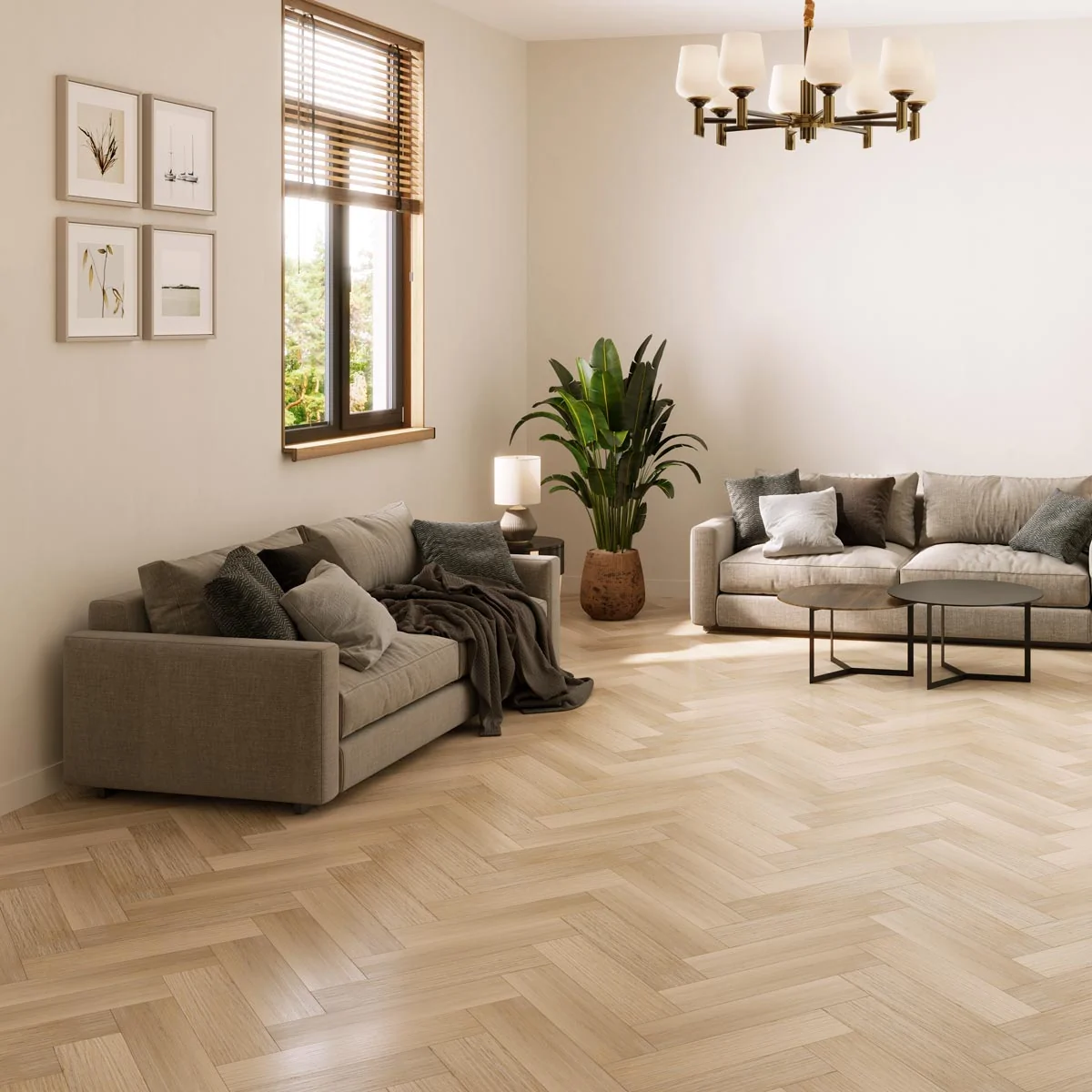 Hydro Step Herringbone 5G Click LVT Flooring Limed Oak with Underlay Roomset