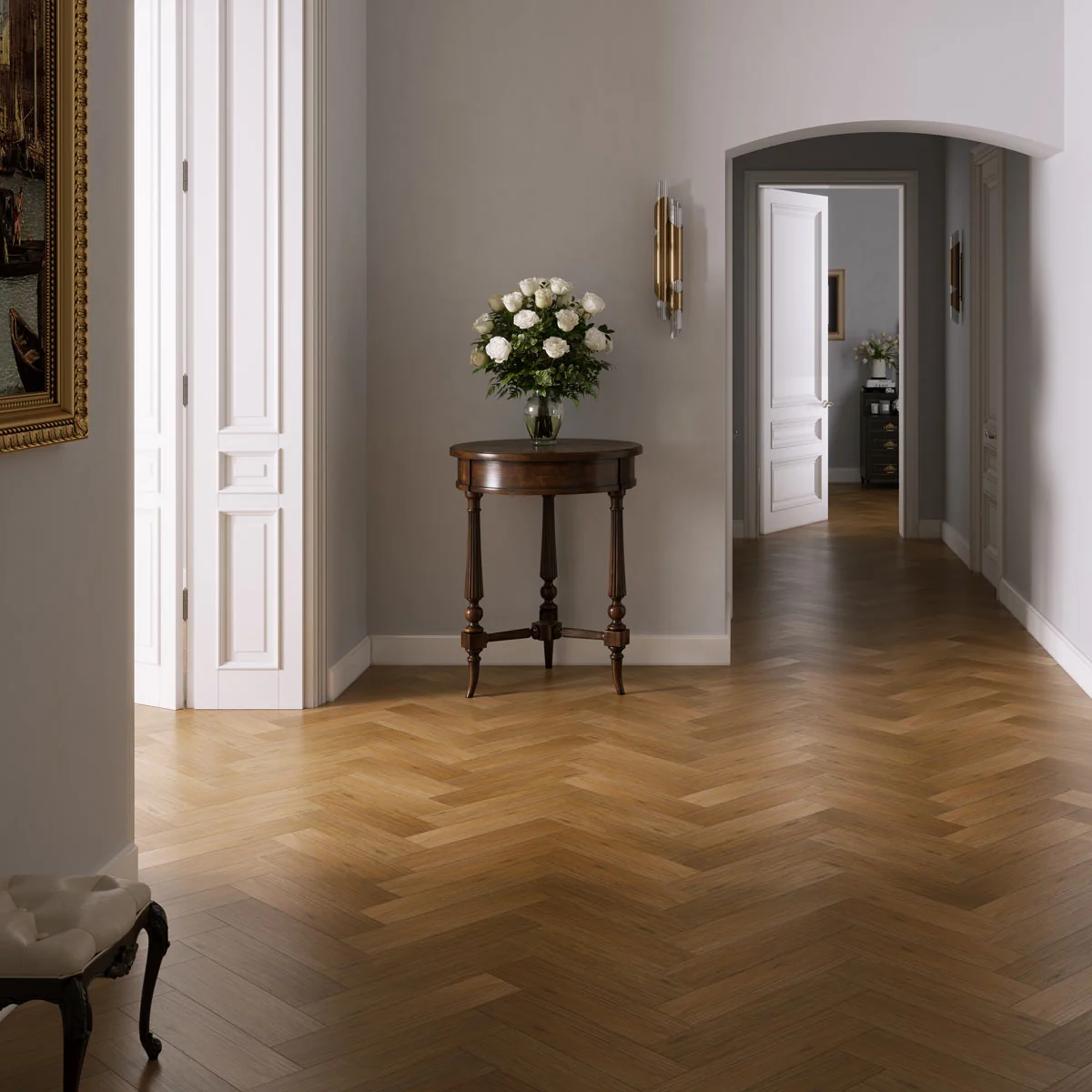 Hydro Step Herringbone 5G Click LVT Flooring Medium Oak with Underlay Roomset
