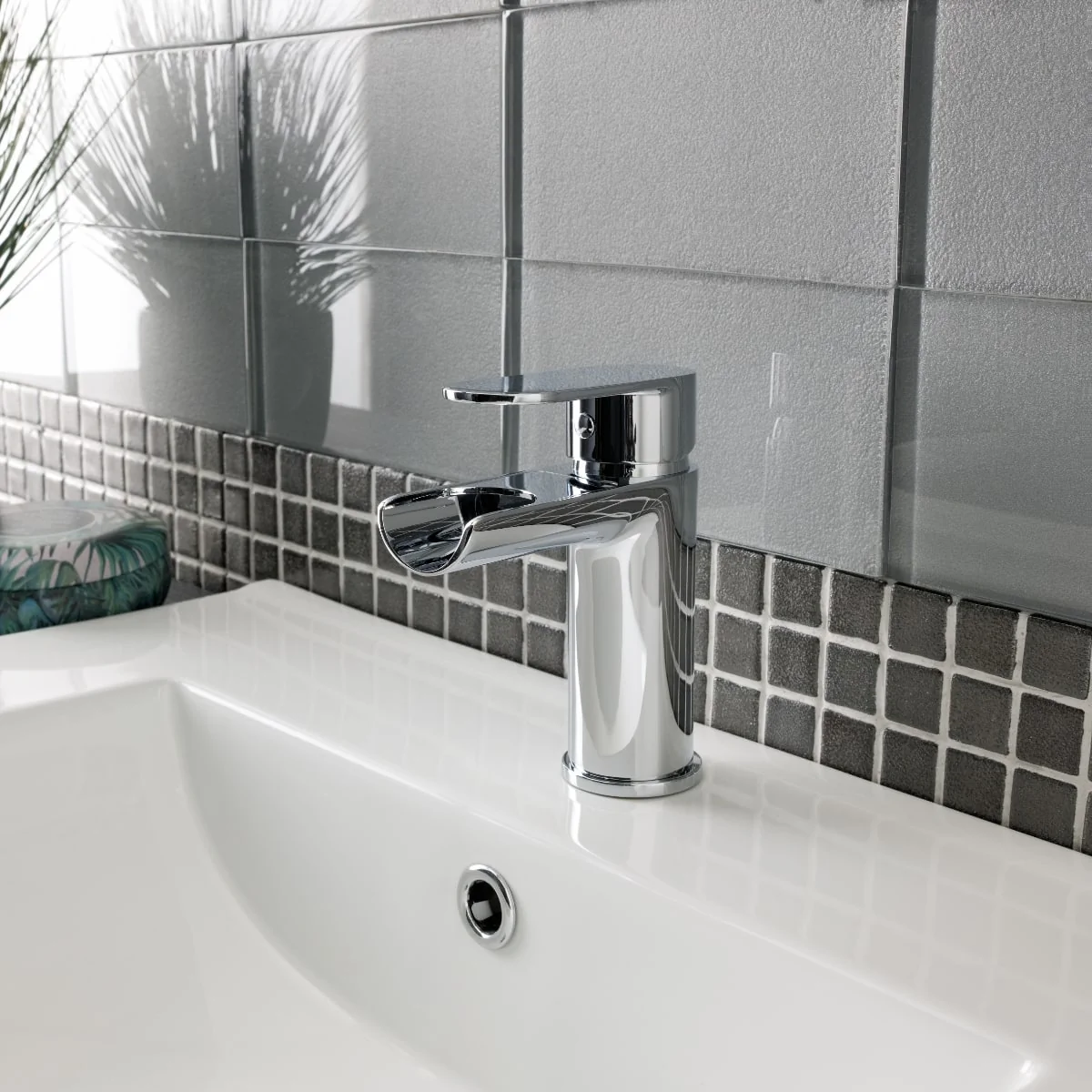 Indus Open Spout Waterfall Basin Mixer Tap with Click Waste