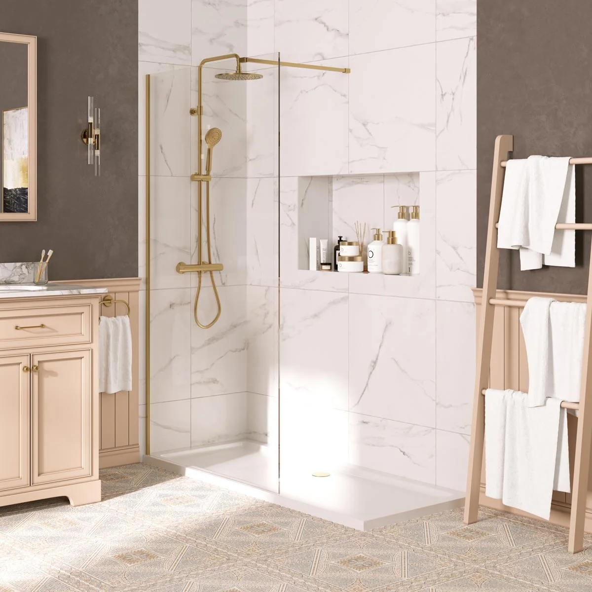 Lapis 8mm Wet Room Clear Glass Shower Panel Brushed Brass 700mm