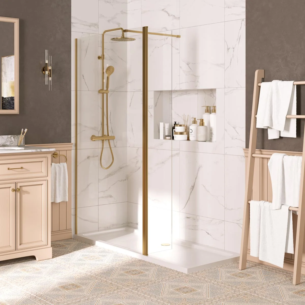 Coral 8mm Wet Room Clear Glass Shower Panel Brushed Brass 800mm