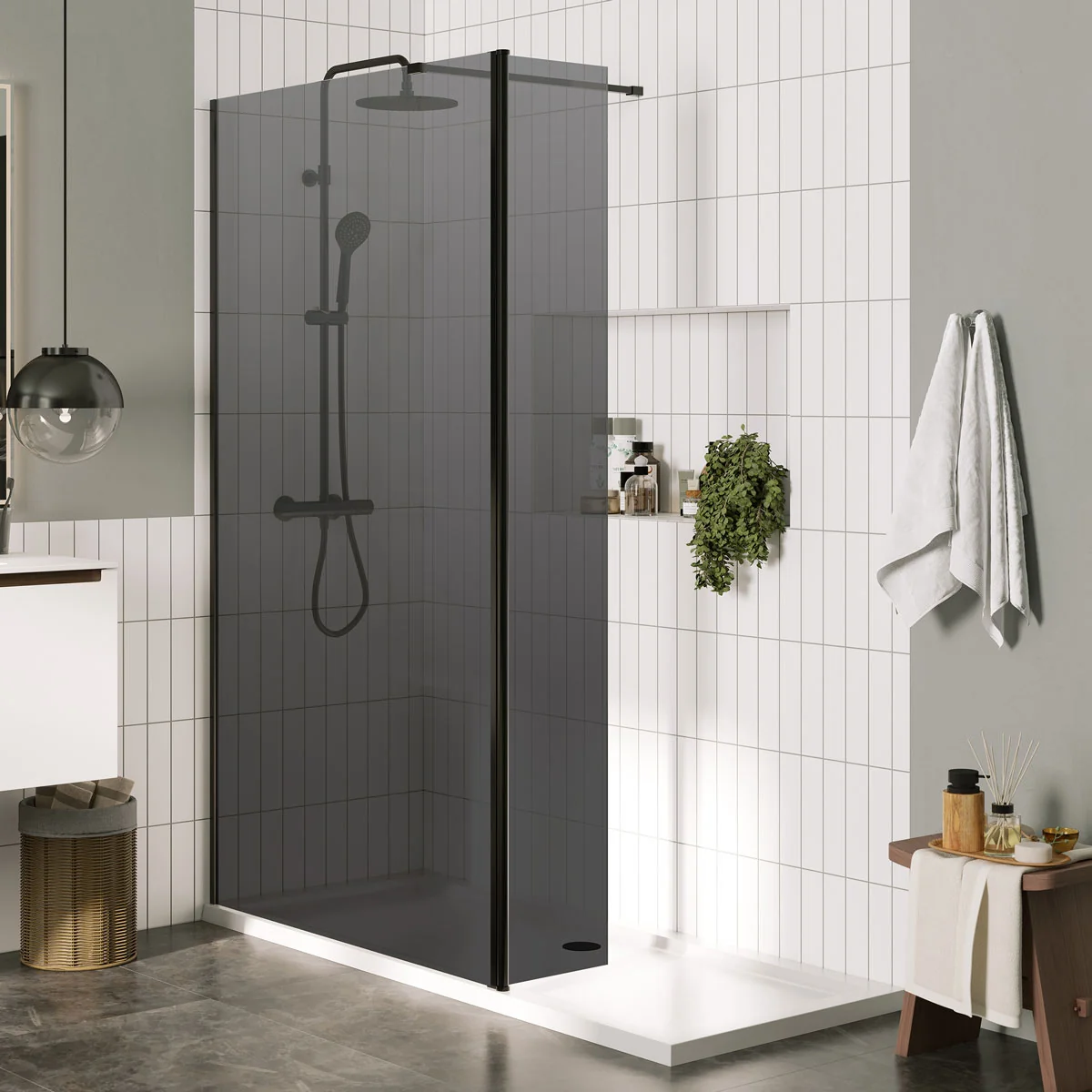 Lapis 8mm Wet Room Smoked Glass Hinged Deflector Panel Matt Black 300mm