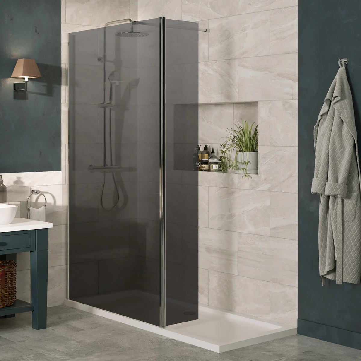 Coral 8mm Wet Room Smoked Glass Shower Panel Chrome 1000mm