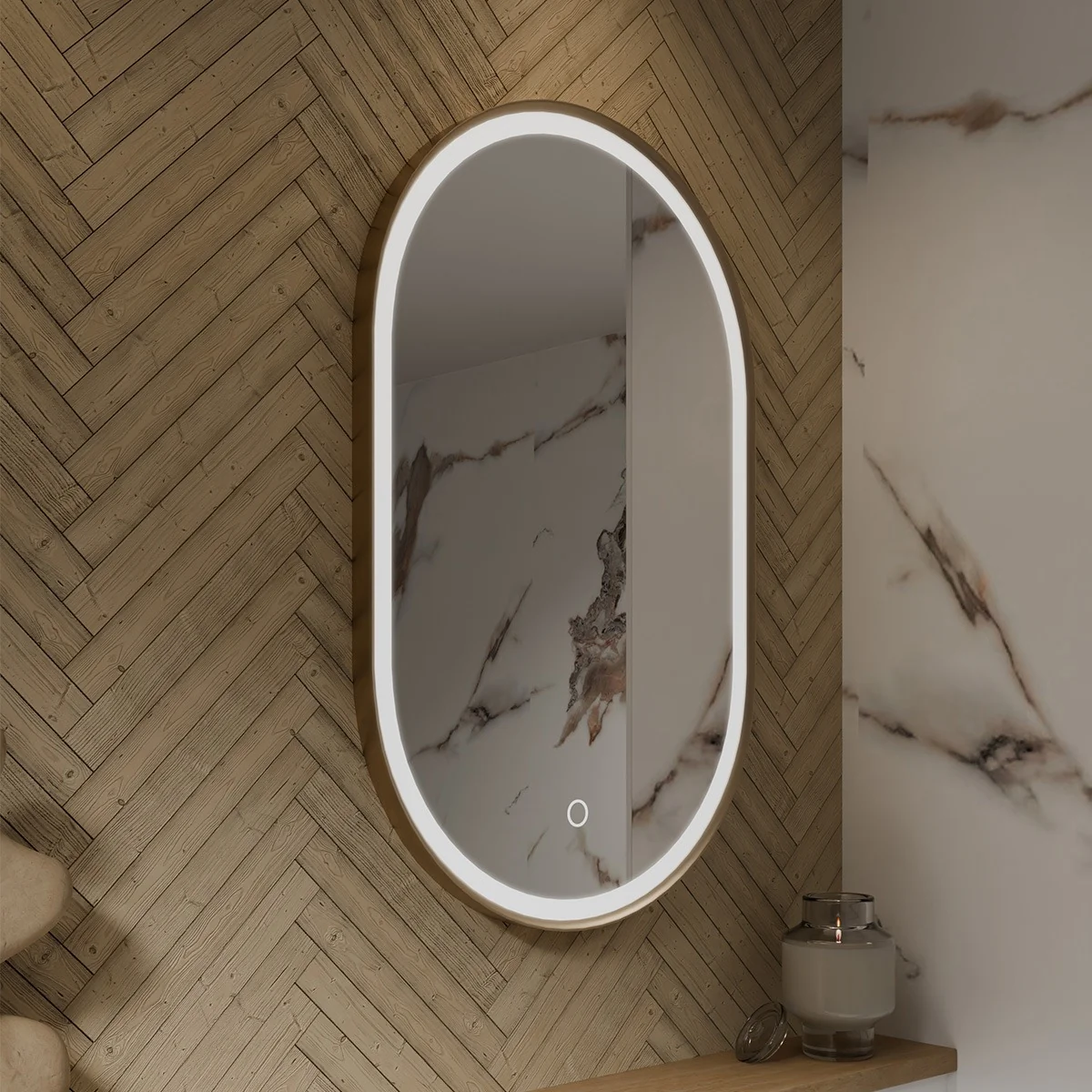 Lunar Ultra Slim Pill LED Illuminated Mirror Brushed Brass 500 x 800mm
