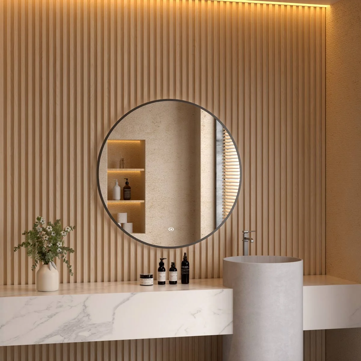 Nova Ultra Slim Round LED Illuminated Mirror Matt Black 600mm