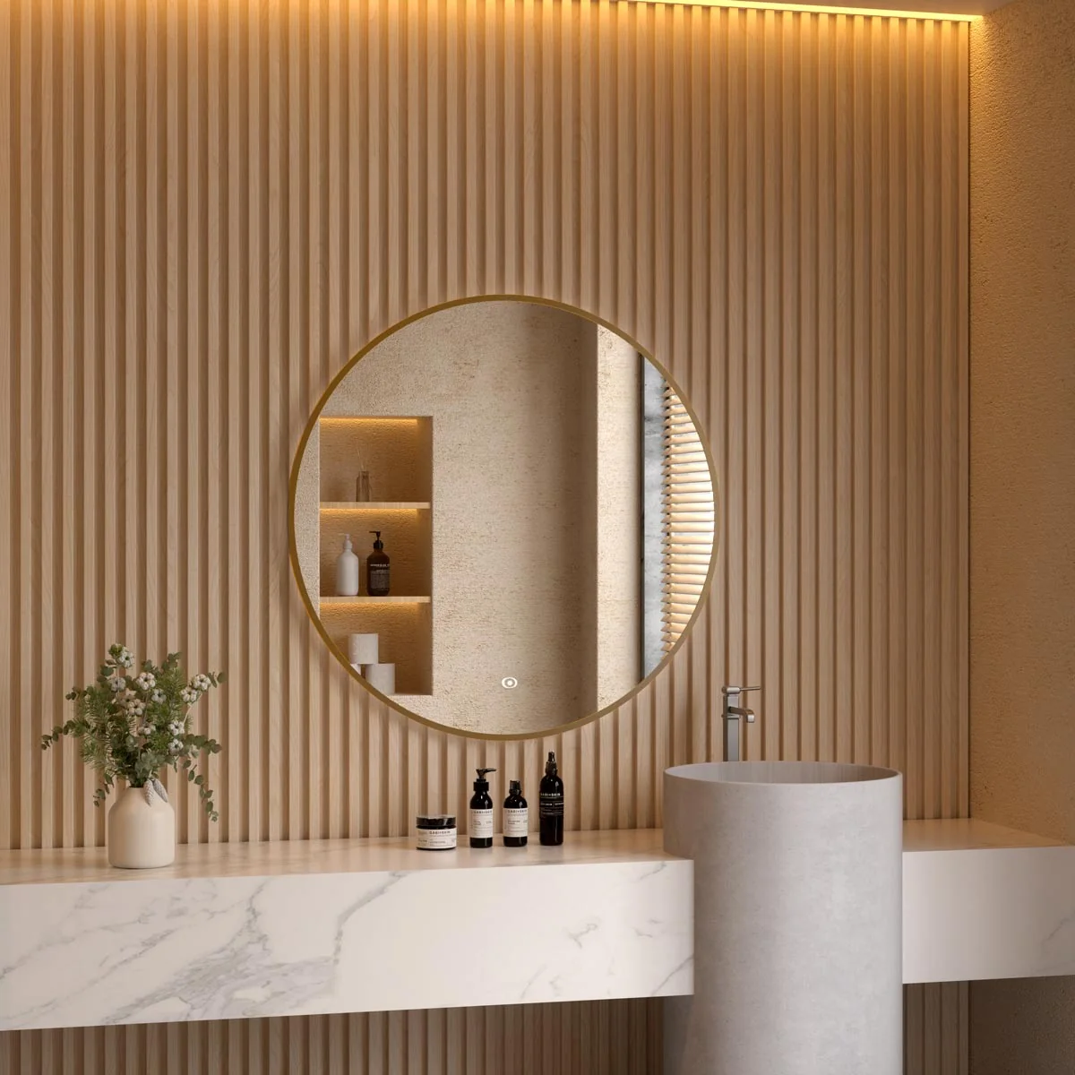 Nova Ultra Slim Round LED Illuminated Mirror Brushed Brass 600mm