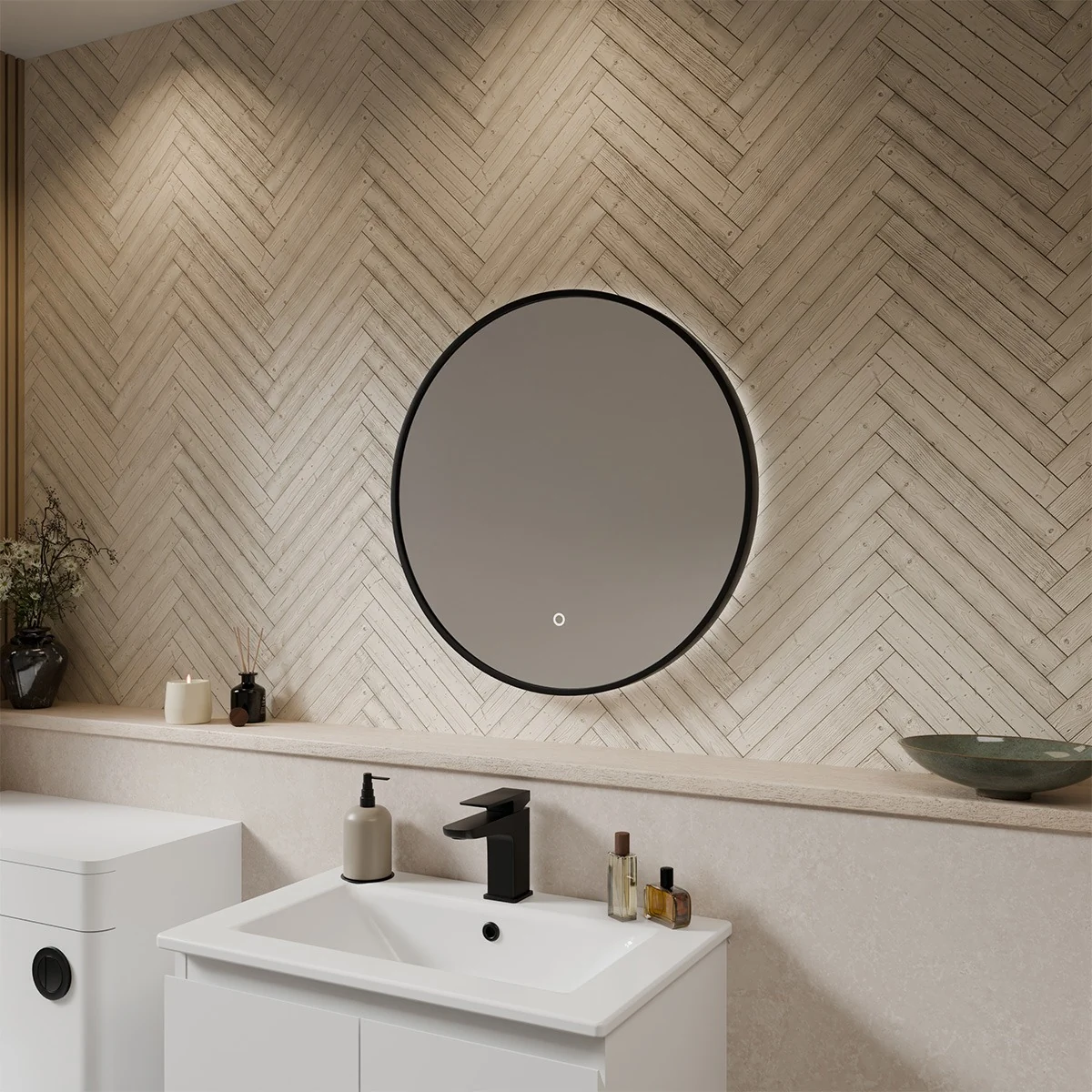 Nova Ultra Slim Round LED Illuminated Mirror Matt Black 600mm