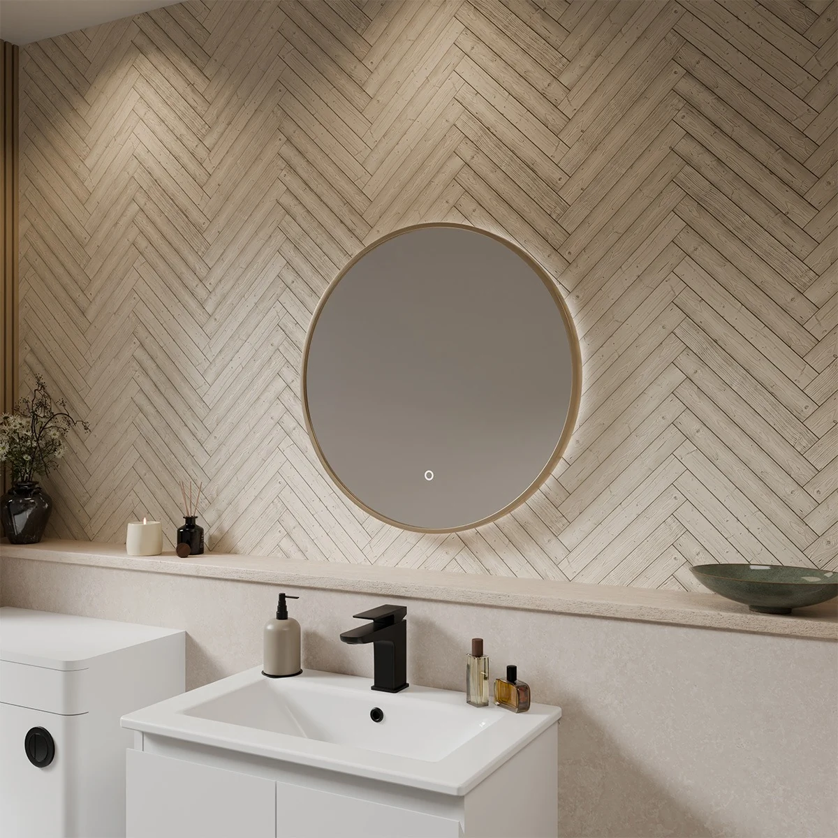 Nova Ultra Slim Round LED Illuminated Mirror Brushed Brass 600mm