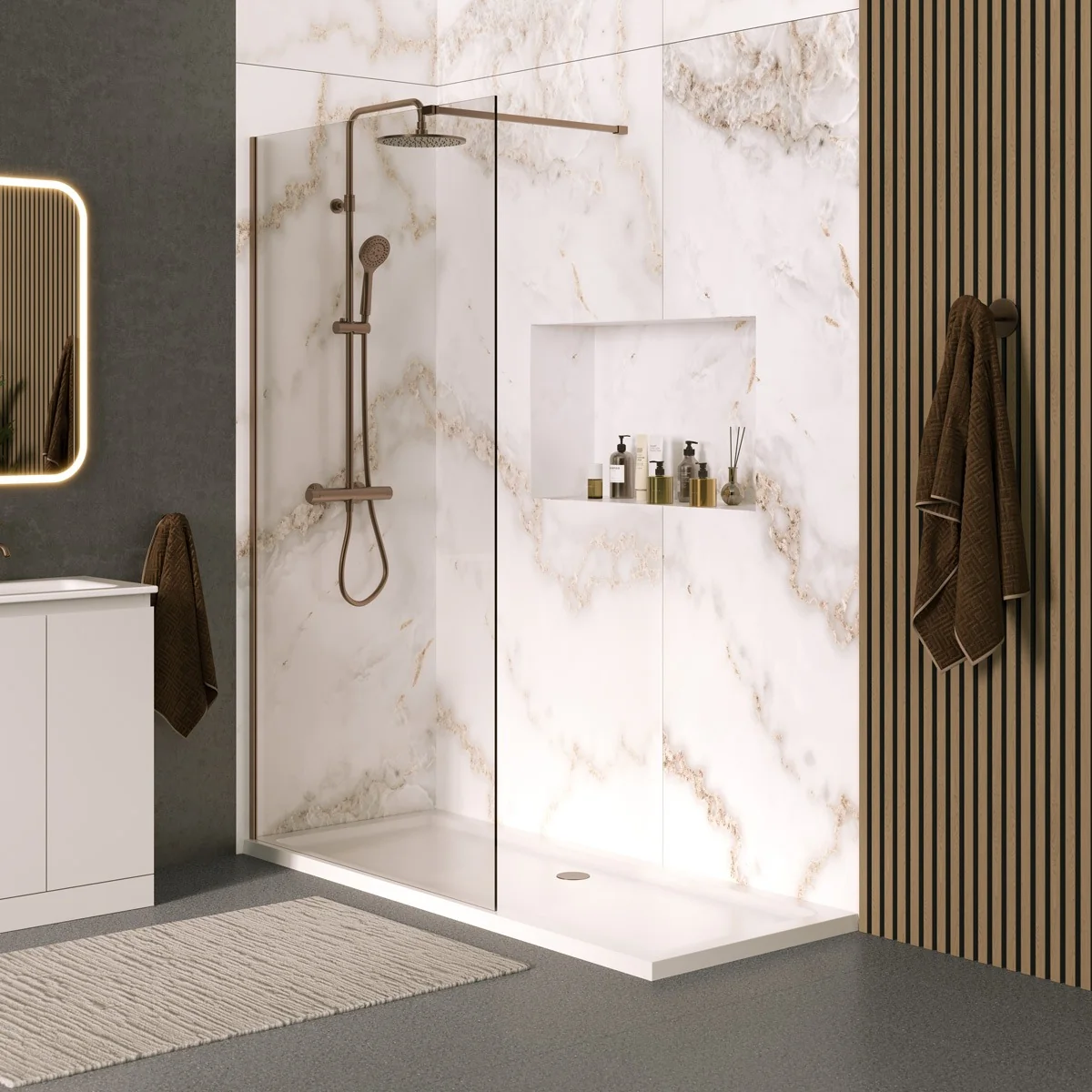 Coral 8mm Wet Room Clear Glass Shower Panel Brushed Bronze 800mm