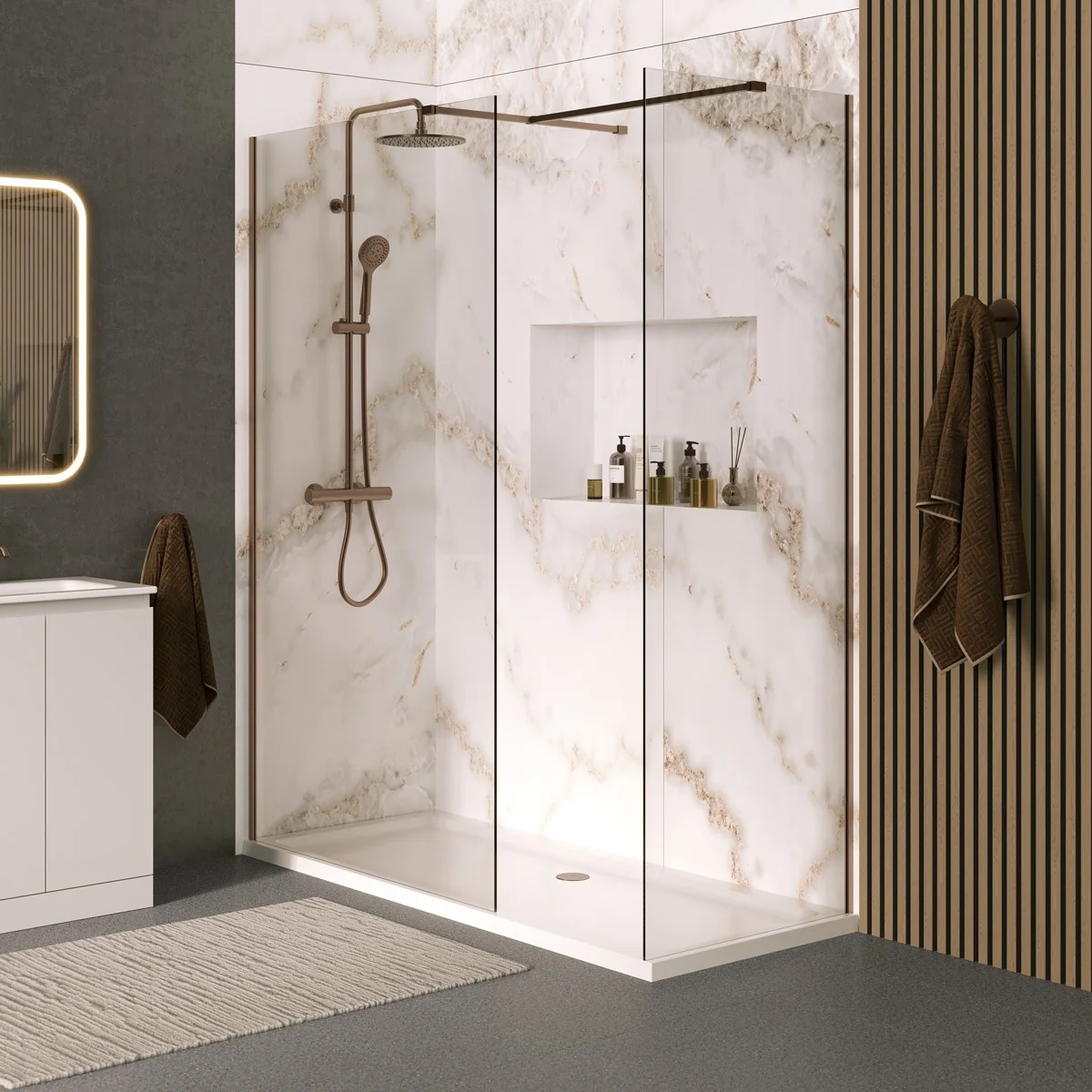 Coral 8mm Wet Room Clear Glass Shower Panel Brushed Bronze 500mm