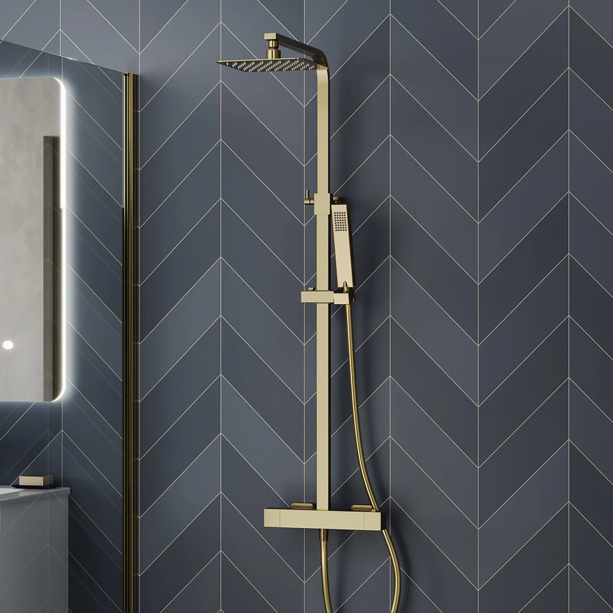 Cube Cool Touch Thermostatic Dual Function Bar Valve Shower System with Fixed Shower Head Brushed Brass