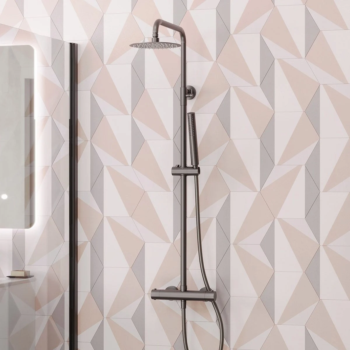 Globe Cool Touch Thermostatic Dual Function Bar Valve Shower System with Fixed Shower Head Gunmetal