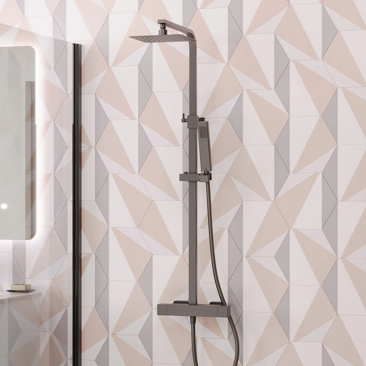 Cube Cool Touch Thermostatic Dual Function Bar Valve Shower System with Fixed Shower Head Gunmetal