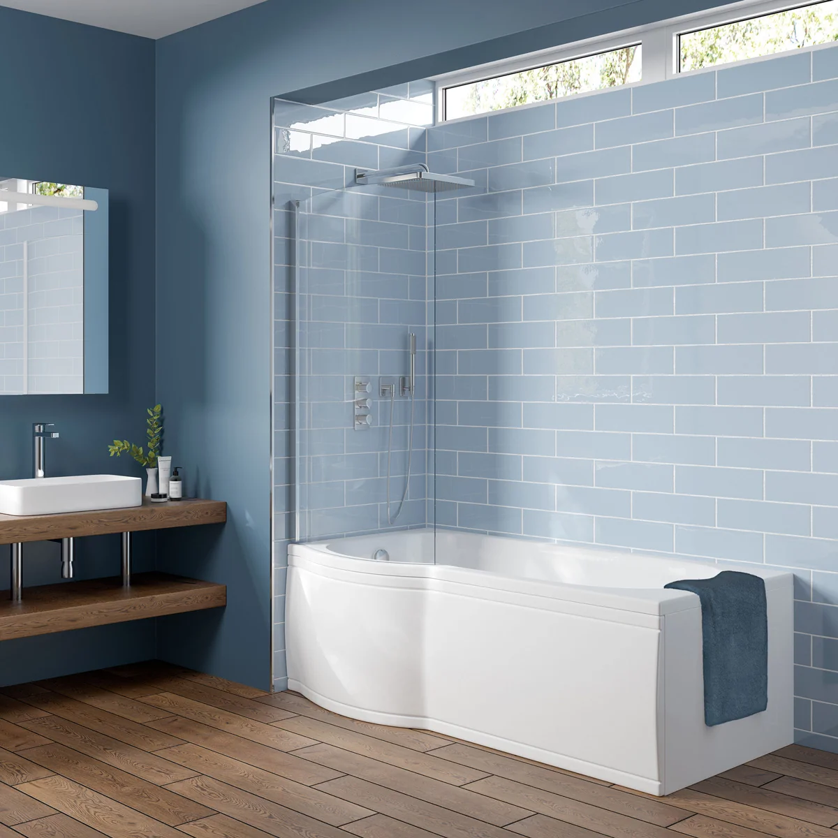 Trojancast Concert Reinforced P Shape 14 Jet Whirlpool Shower Bath 1675 x 850mm with LED Light & Bath Waste Left Hand
