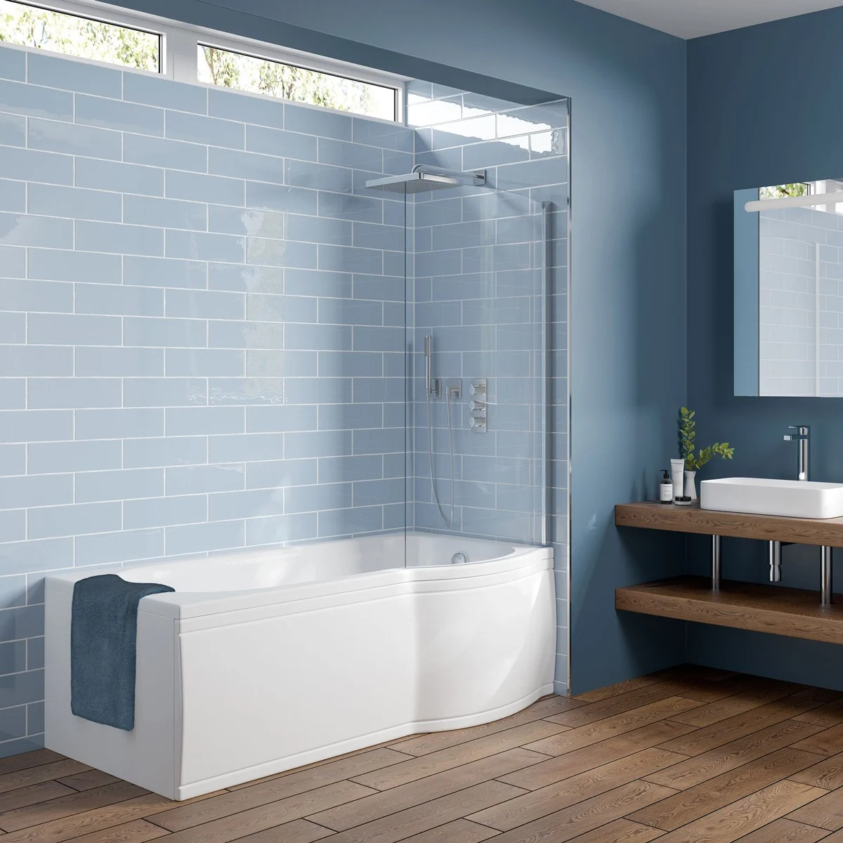 Trojancast Concert Reinforced P Shape 14 Jet Whirlpool Shower Bath 1600 x 850mm with LED Light & Bath Waste Right Hand