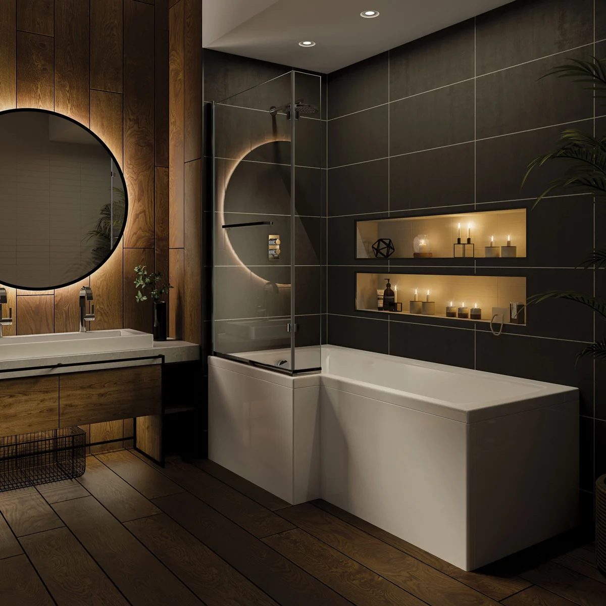 Trojancast Solarna Reinforced L Shape 14 Jet Whirlpool Shower Bath 1500 x 850mm with LED Light & Bath Waste Left Hand