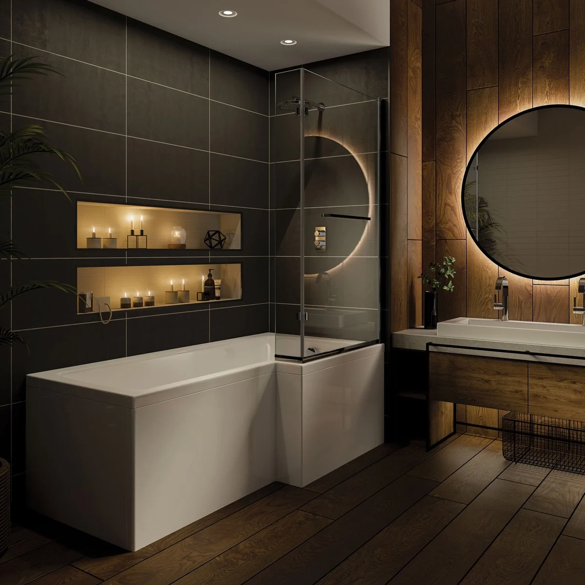 Trojancast Solarna Reinforced L Shape 14 Jet Whirlpool Shower Bath 1500 x 850mm with LED Light & Bath Waste Right Hand