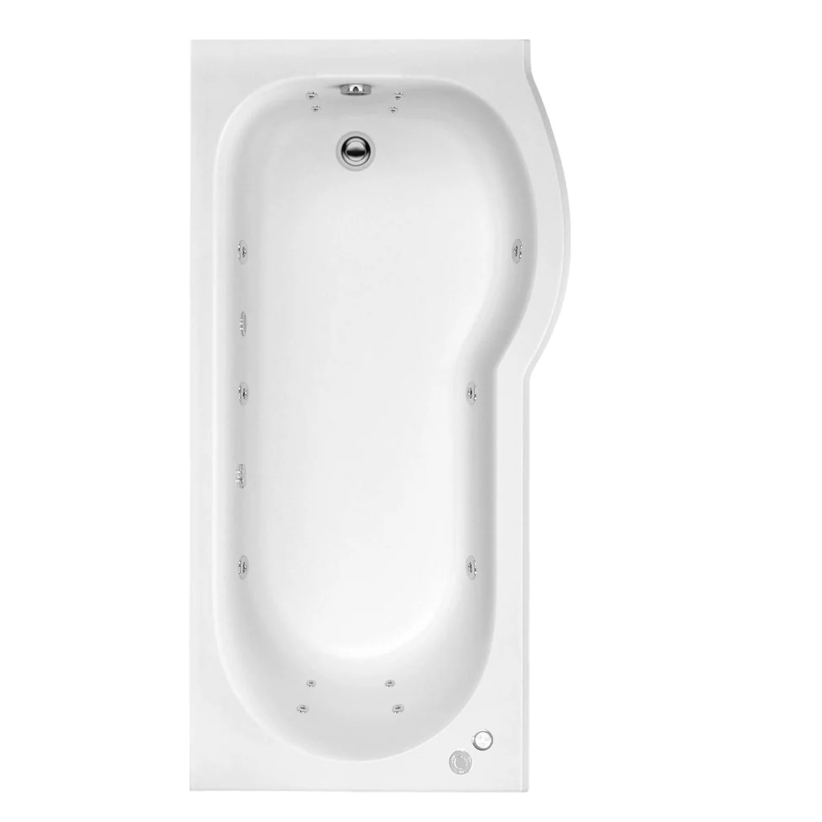 Trojan Concert Reinforced P Shape 14 Jet Whirlpool Shower Bath 1675 x 850 with LED Light & Bath Waste Right Hand