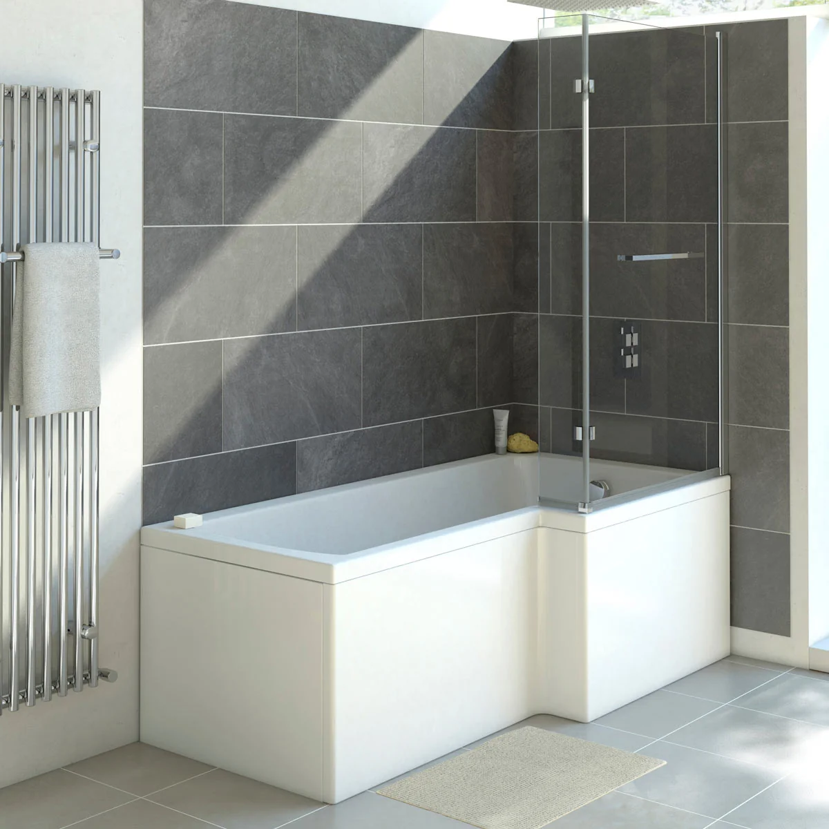 Trojan Solarna L Shape 8 Jet Whirlpool Shower Bath 1700 x 850mm with Bath Waste Right Hand
