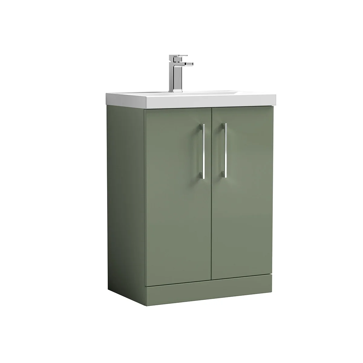 Arno 600mm Green freestanding unit featuring two doors, sleek chrome handles and a white ceramic basin. Its clean lines and generous storage make it a practical and stylish choice for a contemporary bathroom.