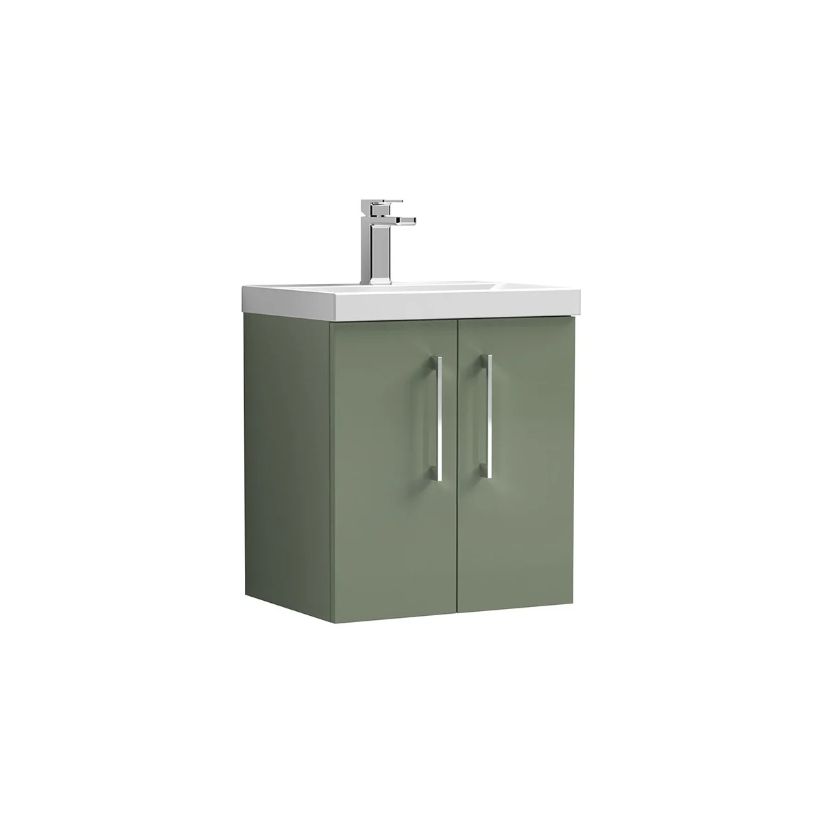 Arno 500mm wall hung unit in Green, featuring a clean two-door design with slim chrome handles and a white ceramic basin. The wall mounted design creates a contemporary, streamlined look while providing practical concealed storage.