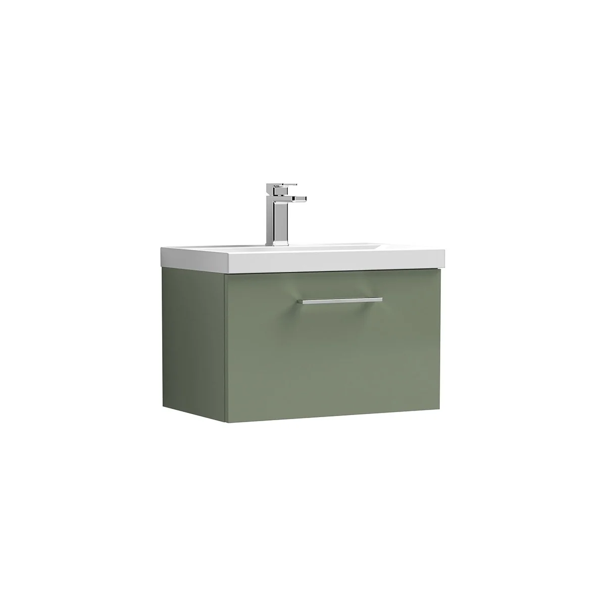Arno 600mm wall hung drawer unit in Green, featuring a sleek single-drawer design with a slim chrome handle and white ceramic basin. The wall mounted unit offers useful storage while keeping the floor area clear for a clean, contemporary bathroom look.