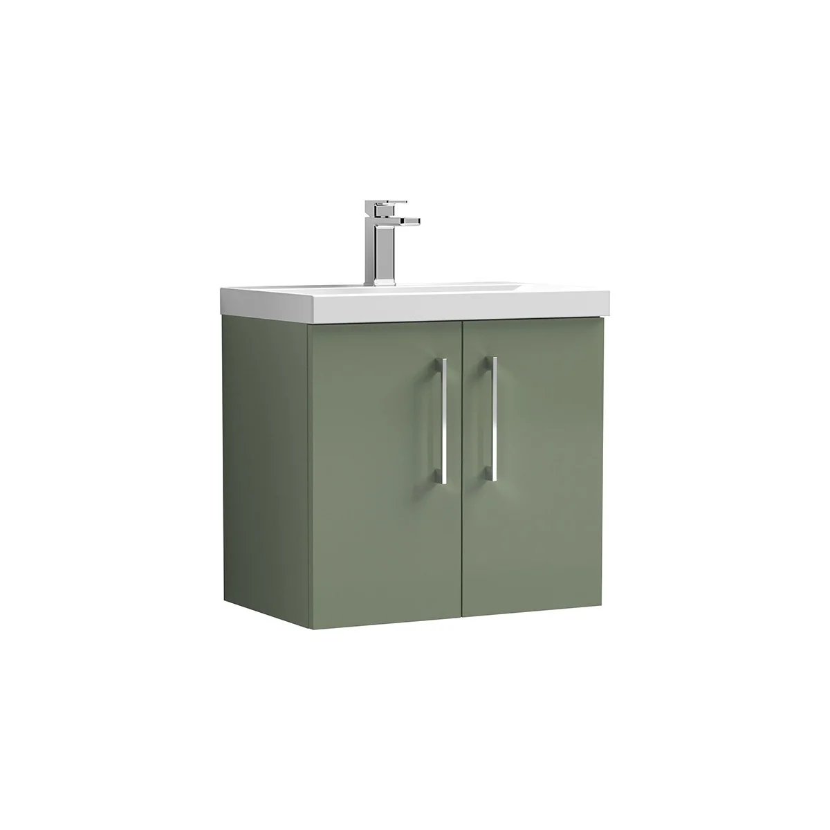 Arno 600mm wall hung door unit in Green, featuring a clean two-door design with slim chrome handles and a white ceramic basin. Its wall mounted construction keeps the design feeling light and contemporary while providing practical enclosed storage.