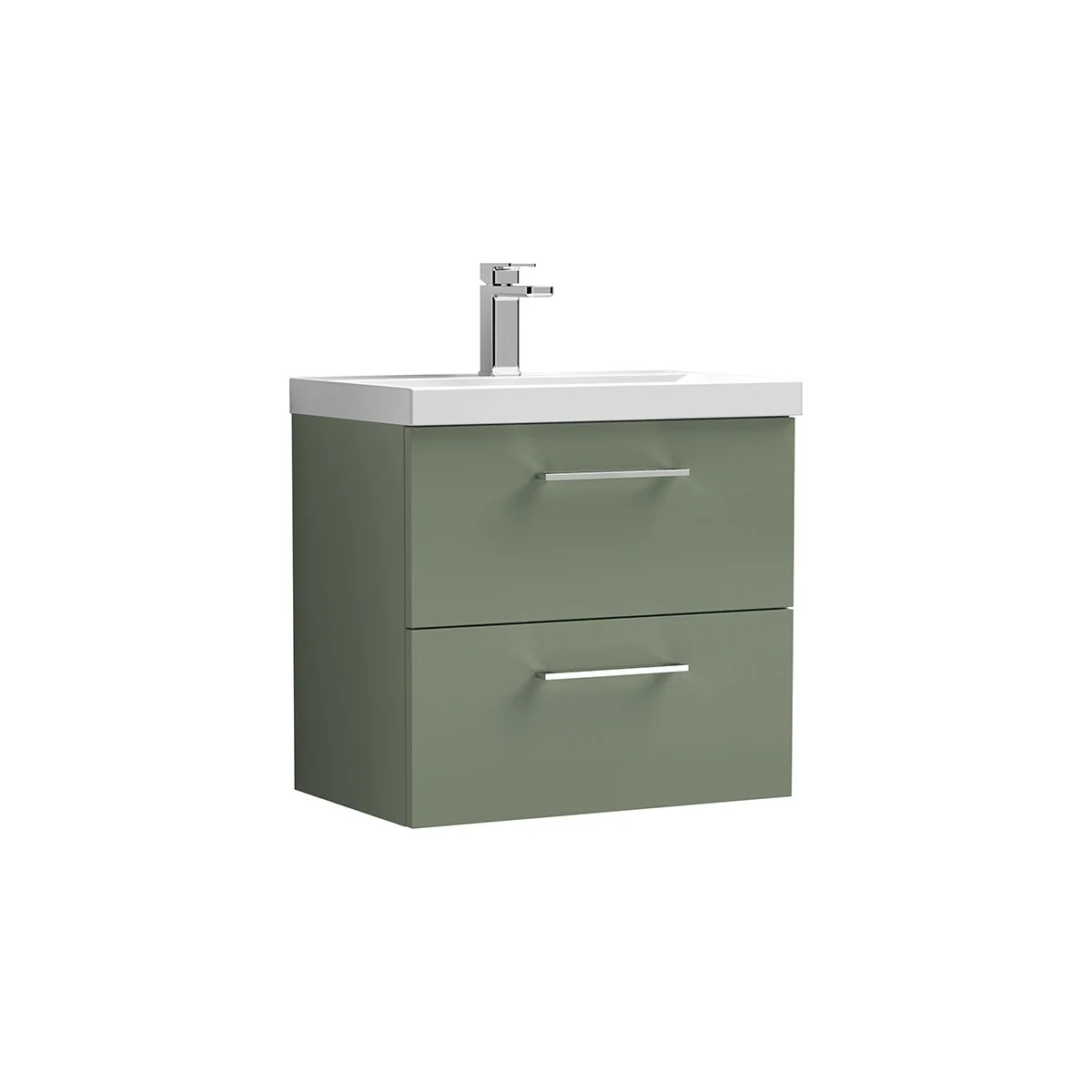 Arno 600mm wall hung drawer unit in Green, featuring two spacious drawers with slim chrome handles and a white ceramic basin. The wall mounted design keeps the floor clear while providing generous, practical bathroom storage.