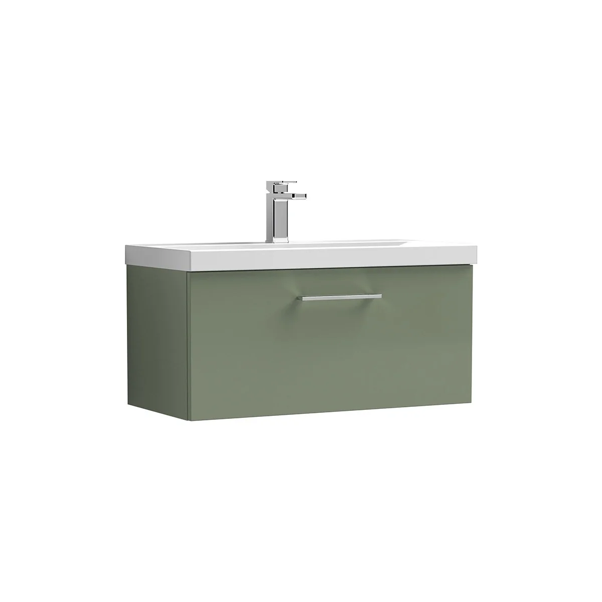 Arno 800mm wall hung drawer unit in Green, featuring a spacious drawer and sleek chrome handle beneath a white ceramic basin. The wall mounted design creates a clean, contemporary look while providing practical bathroom storage.