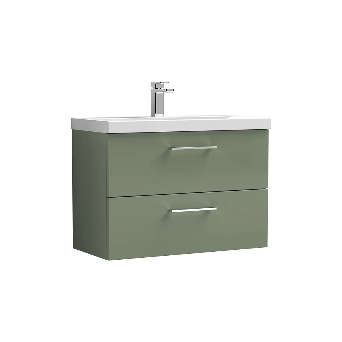 Arno 800mm wall hung double drawer unit in Green, complete with a white ceramic basin and sleek chrome handles. The two generous drawers provide practical storage while the wall mounted design creates a clean, contemporary finish.